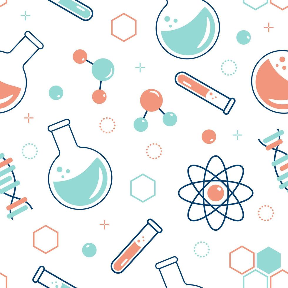 Seamless pattern on the topic of chemistry with flasks, test tubes, molecules vector