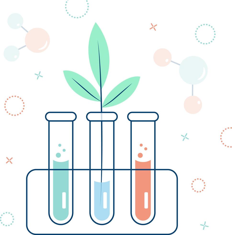 prueba tubos con soluciones y un prueba tubo con un planta brote. laboratorio análisis, investigación en química o biología. vector