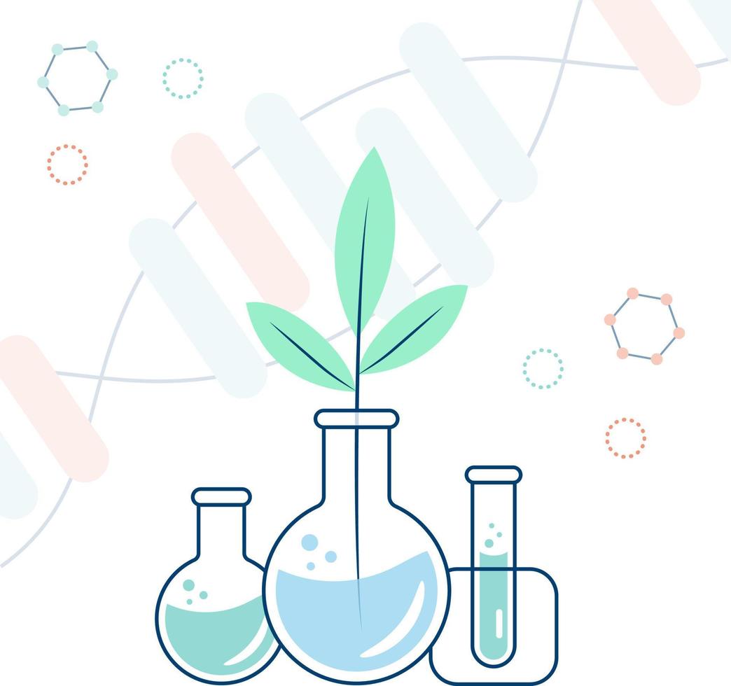 Test tubes with solutions and a test tube with a plant sprout. laboratory analysis, research in chemistry or biology. vector