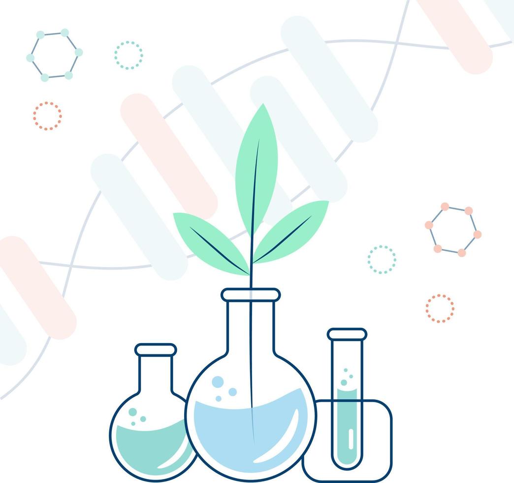 prueba tubos con soluciones y un prueba tubo con un planta brote. laboratorio análisis, investigación en química o biología. vector