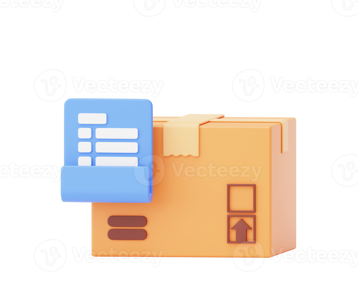 karton doos met klembord checklist document magazijn pakket Verzending bijhouden levering Verzending icoon teken of symbool 3d achtergrond illustratie png