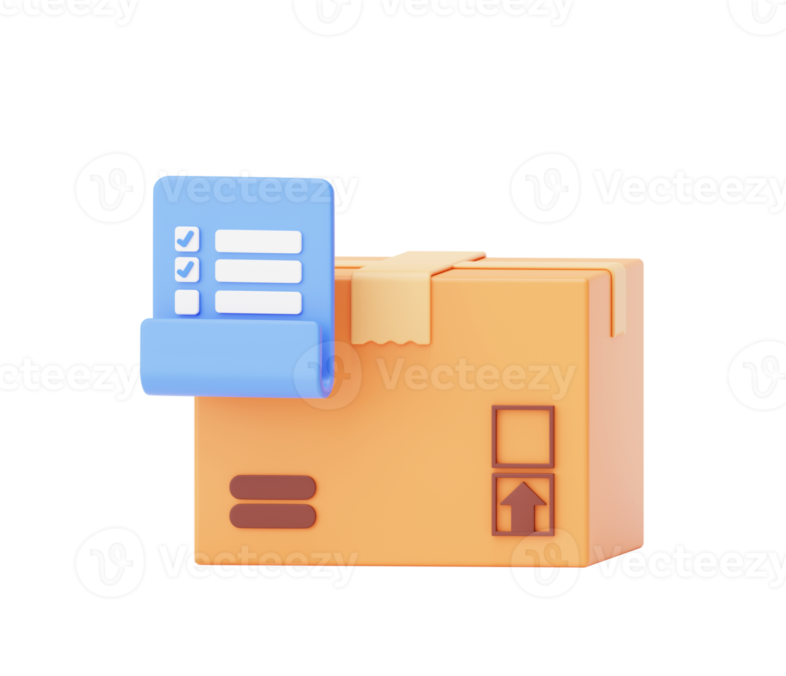 cartulina caja con Lista de Verificación cheque marca documento almacén paquete o empaquetar Envío rastreo entrega Envío icono firmar o símbolo 3d antecedentes ilustración png