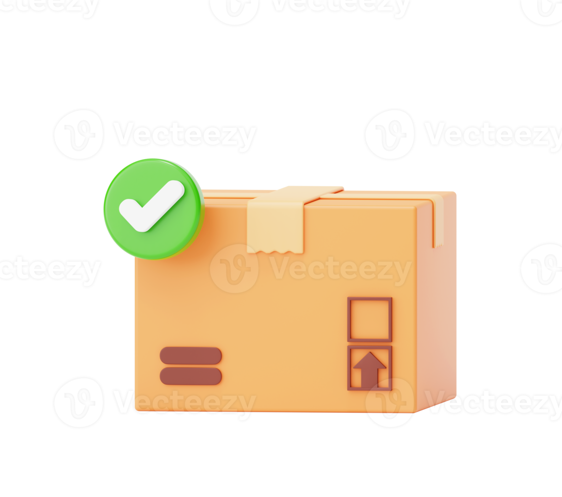 Cardboard box with check mark product packaging warehouse approved delivery shipping icon sign or symbol 3d background illustration png