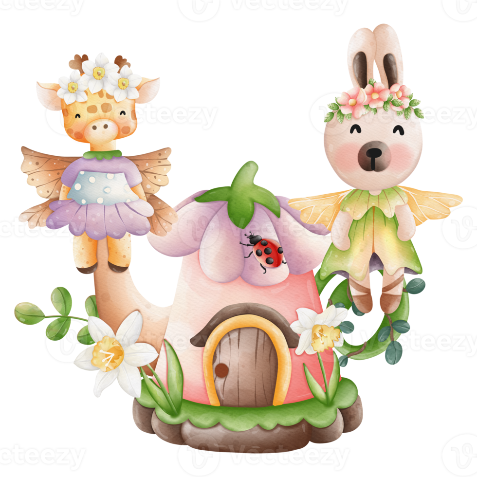 Cute Animal fairy and fairy house, Spring Season illustration Element png