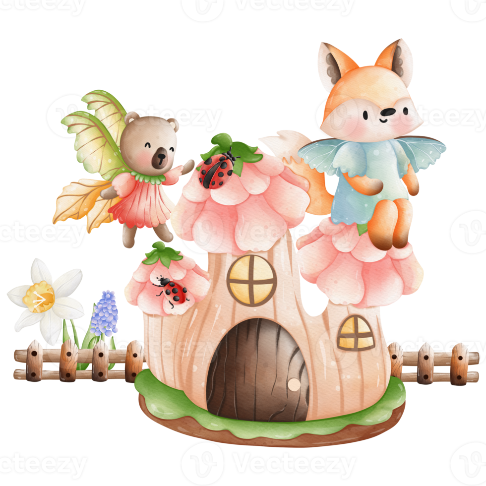 Cute Animal fairy and fairy house, Spring Season illustration Element png