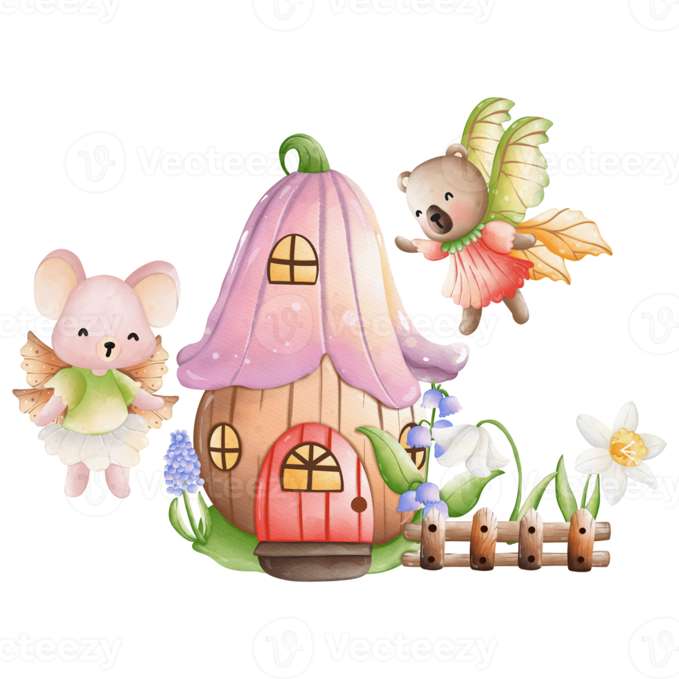 süß Tier Fee und Fee Haus, Frühling Jahreszeit Illustration Element png