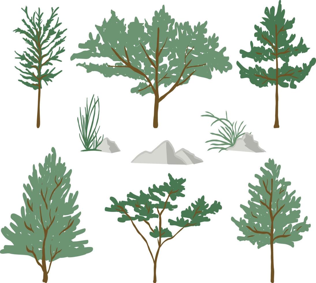 Flat forest trees and rock icons, garden or park landscape elements vector