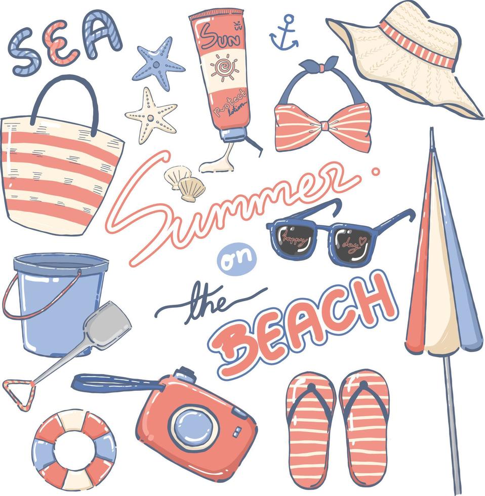 A set illustration hand drawn of summer beach elements vector