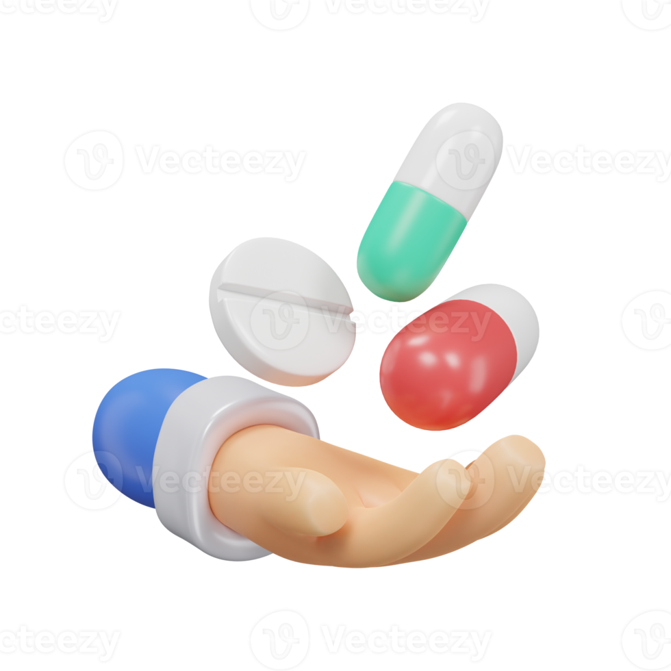 pílulas em mão ícone médico ativos 3d Renderização. png