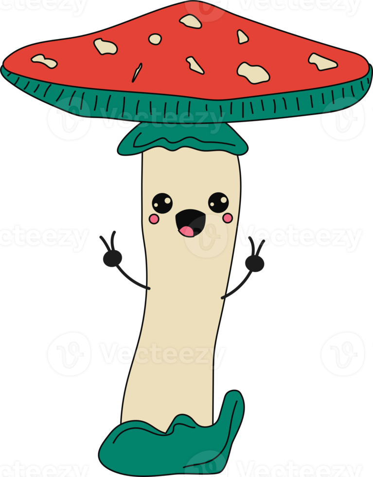 Cute Kawaii Mushrooms cartoon icon illustration. Food vegetable flaticon concept . Character, mascot in Doodle style. png