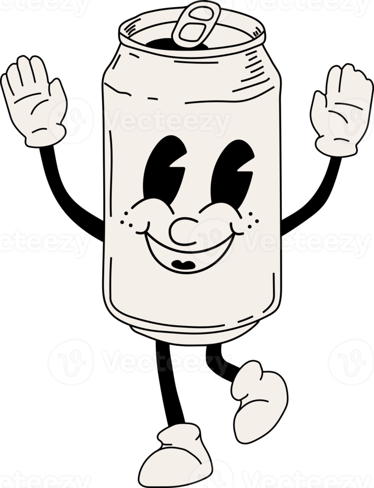 Retro Soda can mascot. Cute character in trendy retro 60s 70s cartoon style. png