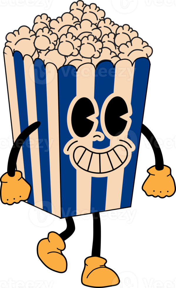 retro popcorn maskot. söt karaktär i trendig retro 60s 70s tecknad serie stil. png