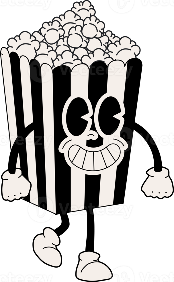 retro popcorn maskot. söt karaktär i trendig retro 60s 70s tecknad serie stil. png