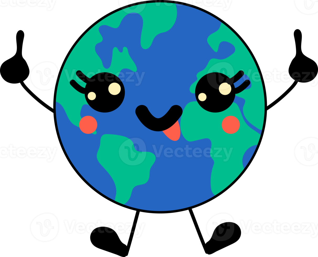 Earth kawaii mascot. Cute character. Hand drawn illustration png