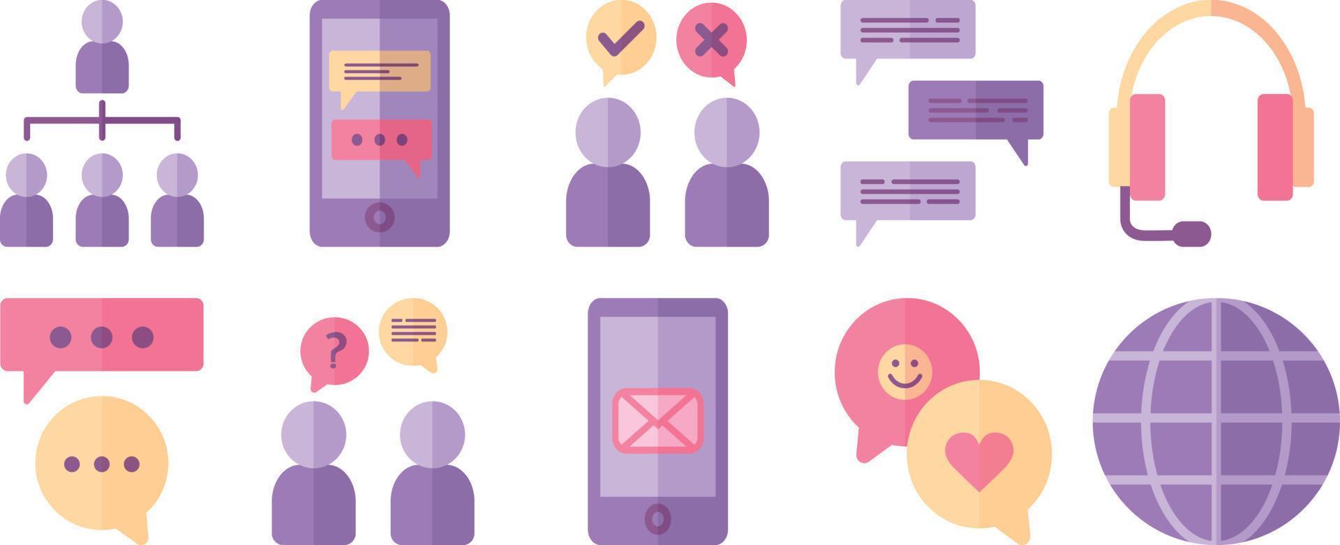 Communications icons collection in flat style. Simple flat design of communication, chatting and conversation in light purple, yellow and orange colors. Abstract persons, devices and speech vector