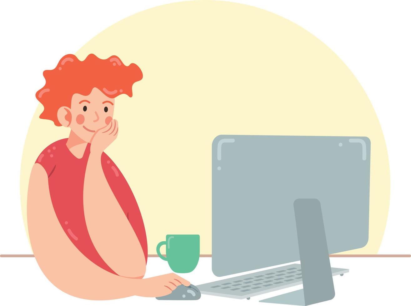 Redhead boy works at the computer. Freelancer or office worker sitting with computer and cup of coffee. Man is thinking and smiling with pleasure of work vector
