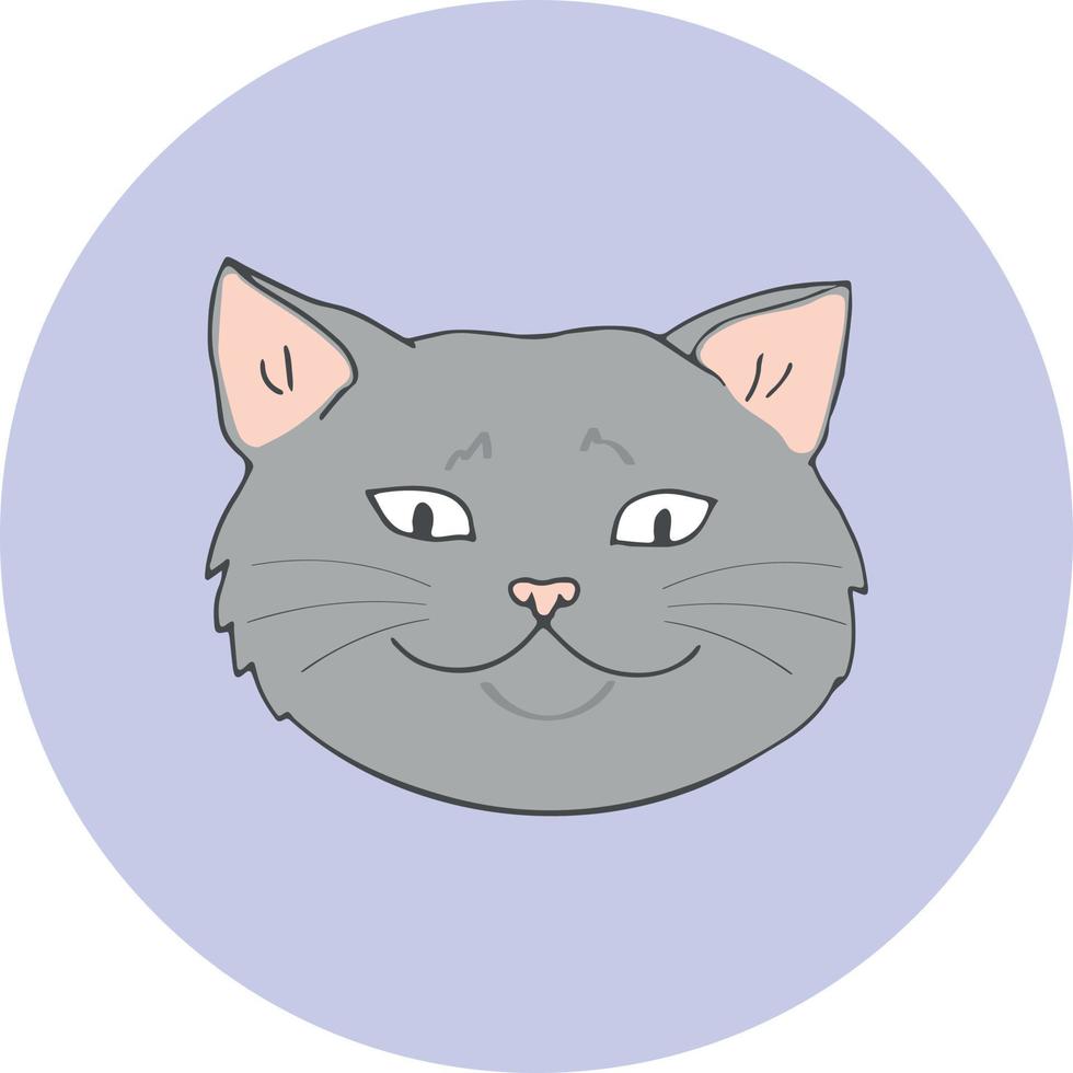 Cute British cat face on blue round background. Hand drawn cat head isolated. Simple pet sketch for print, design and logo vector