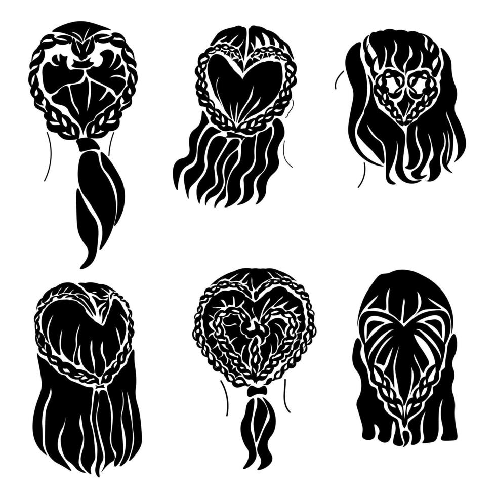 Set of hairstyles from braids woven in the shape of a heart, silhouettes of hairstyles for girls and women vector
