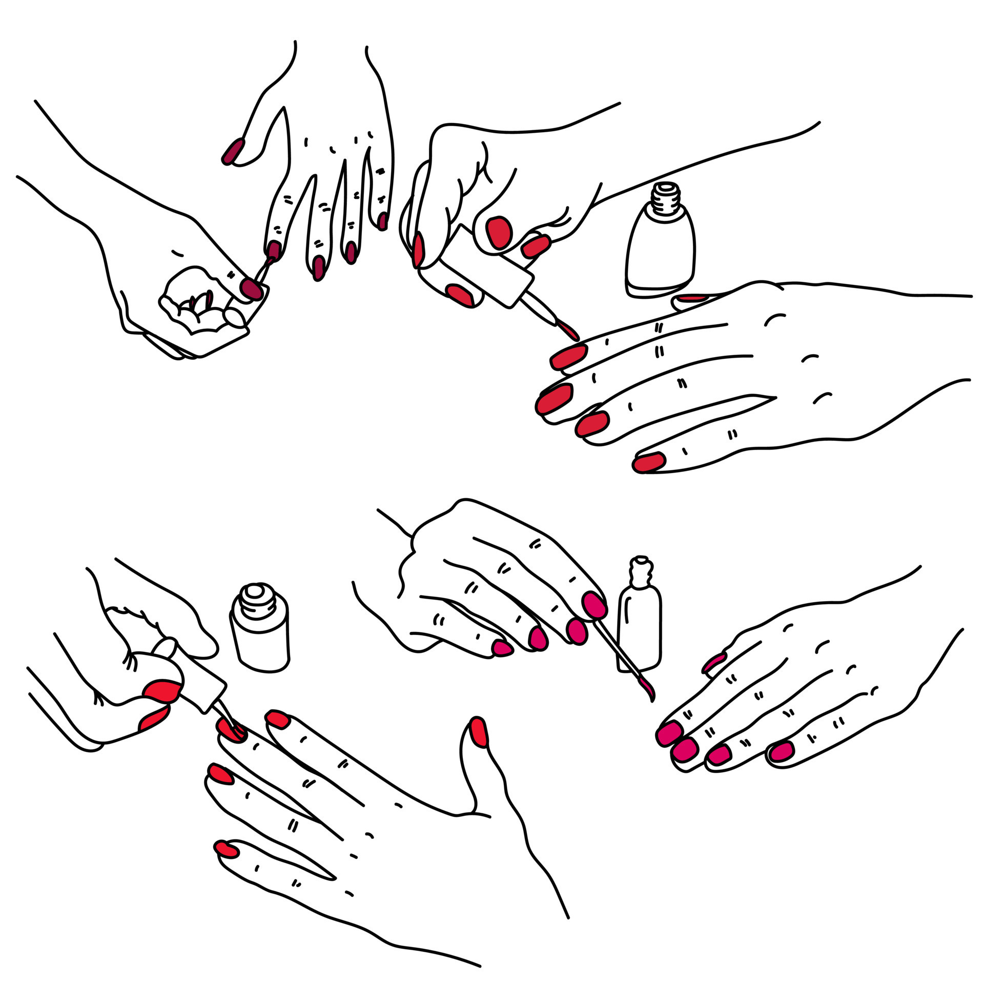 hands paint nails, hands and bright nail polishes in bottles and on