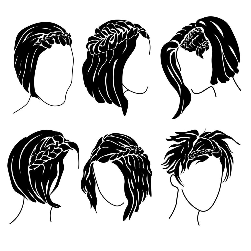 A set of silhouettes of braids on short hair, stylish hairstyles with wavy and straight curls and braiding vector