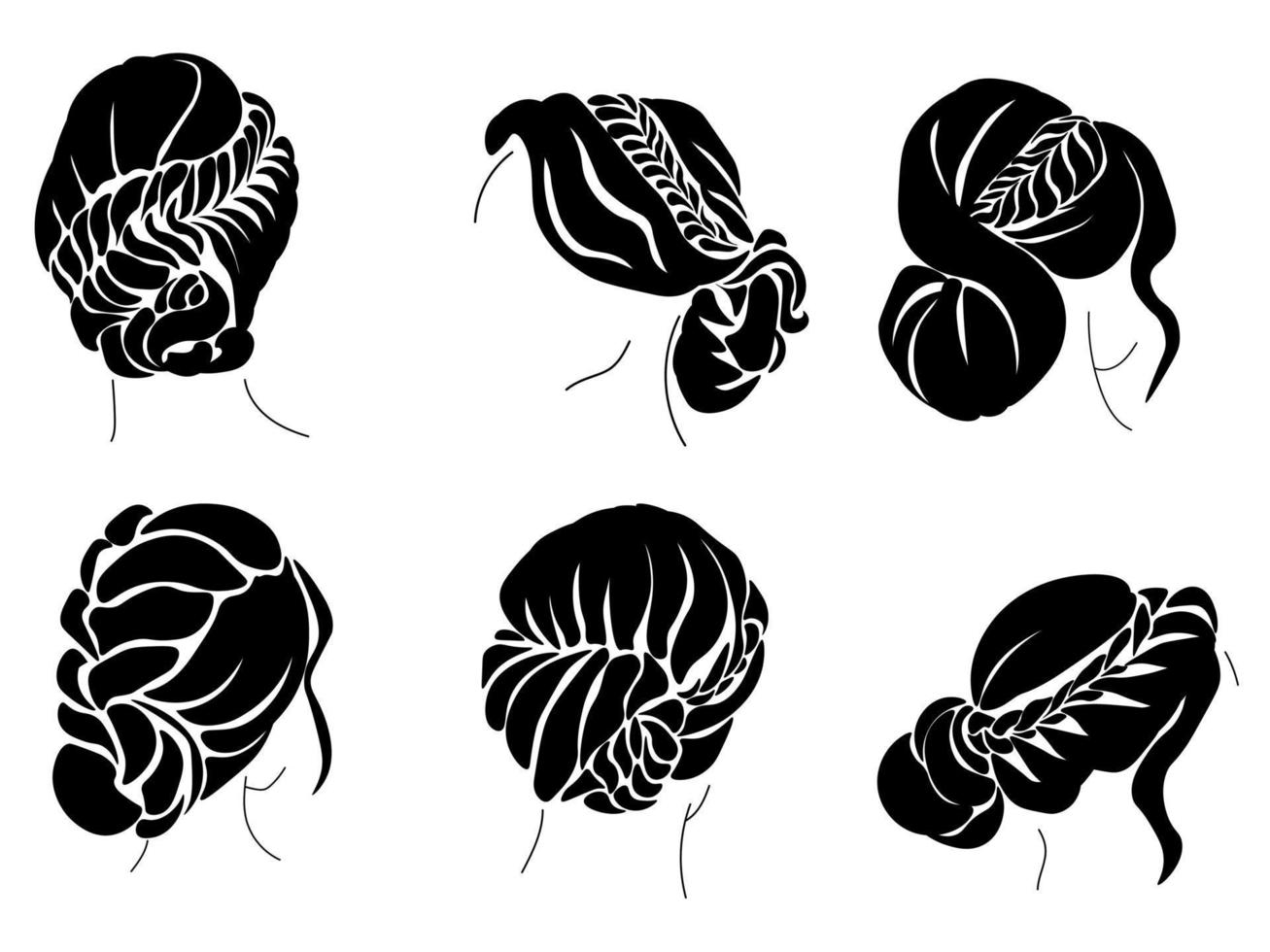 set of silhouettes of hairstyles with braiding, a bun on medium and long hair vector