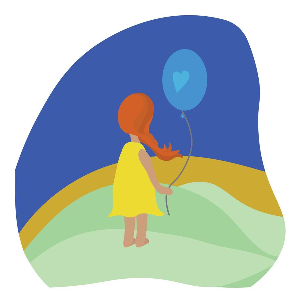 Little girl with a ball in the field against the sky back view vector