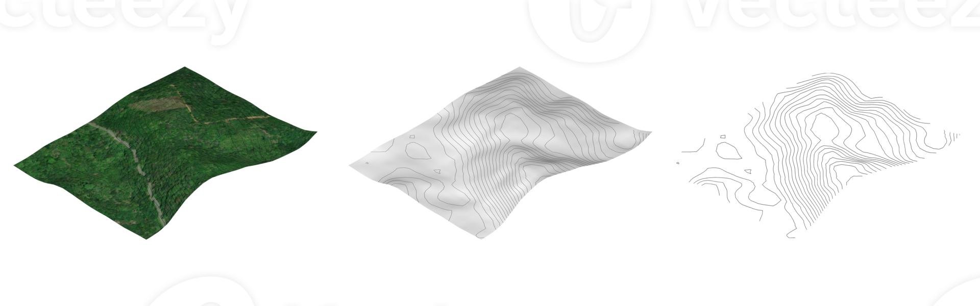 set of isometric map mountain object. isometric mountains contour with real map landscape forest white tone color shadow shape and line terrain, illustration. isometric for mountain element, concept. png