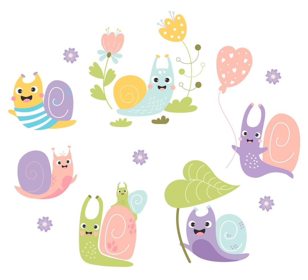 Collection cute snails. Mother snail with baby, mollusk in flowers, sailor and balloon. Vector illustration. Isolated elements of funny insects for design, decor and print and decoration