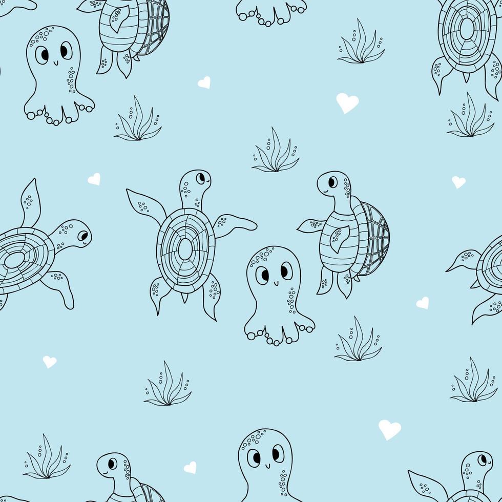 Seamless pattern with sea animals. Cute octopus and turtles on blue background. Vector illustration in doodle style. Endless background for kids collection, wallpapers, packaging, print.