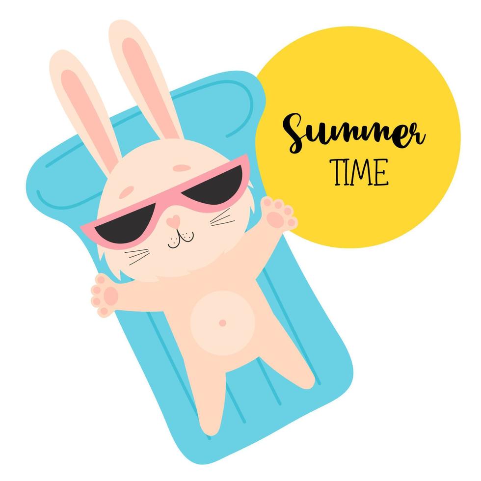 Summer time. Cute rabbit in sunglasses is resting on waterproof rubber mattress. Vector illustration. Summer funny hare character for design, print, cards, flyers and decor