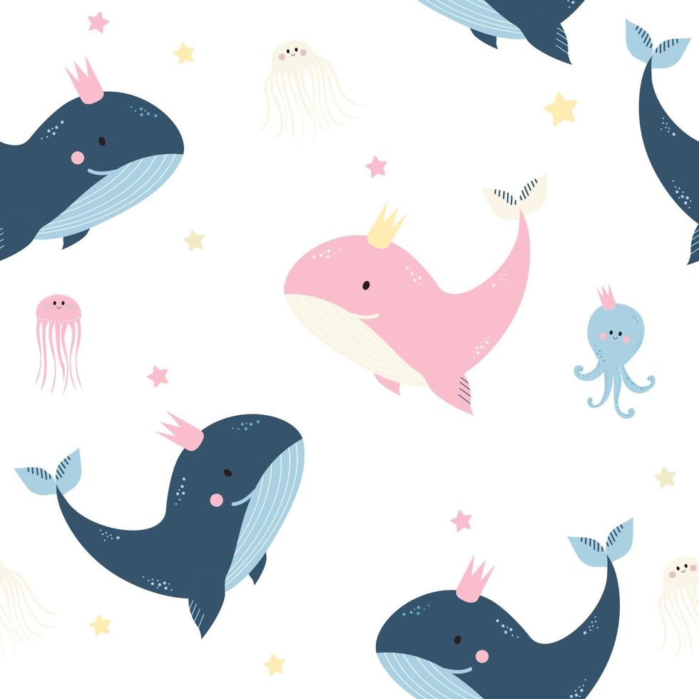 Seamless patterns with sea animals. Cute blue and pink whale, jellyfish and octopus on white background. Vector illustration