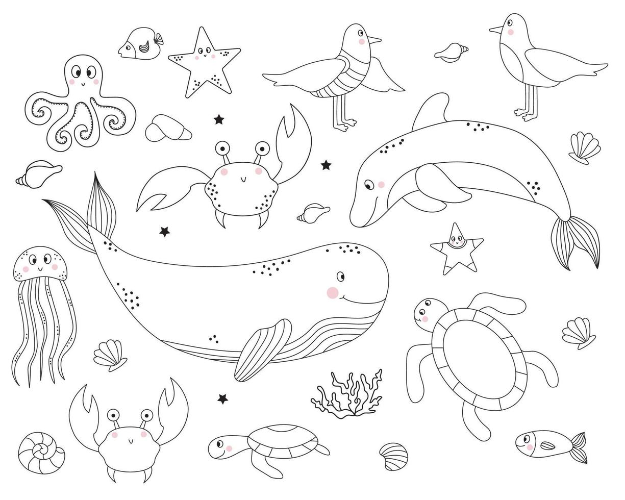 colección marina vida. animales y aves - ballena y delfín, gaviotas y pez, cangrejo y Medusa, Tortuga y pulpo. vector. bosquejo, describir. aislado en blanco vector
