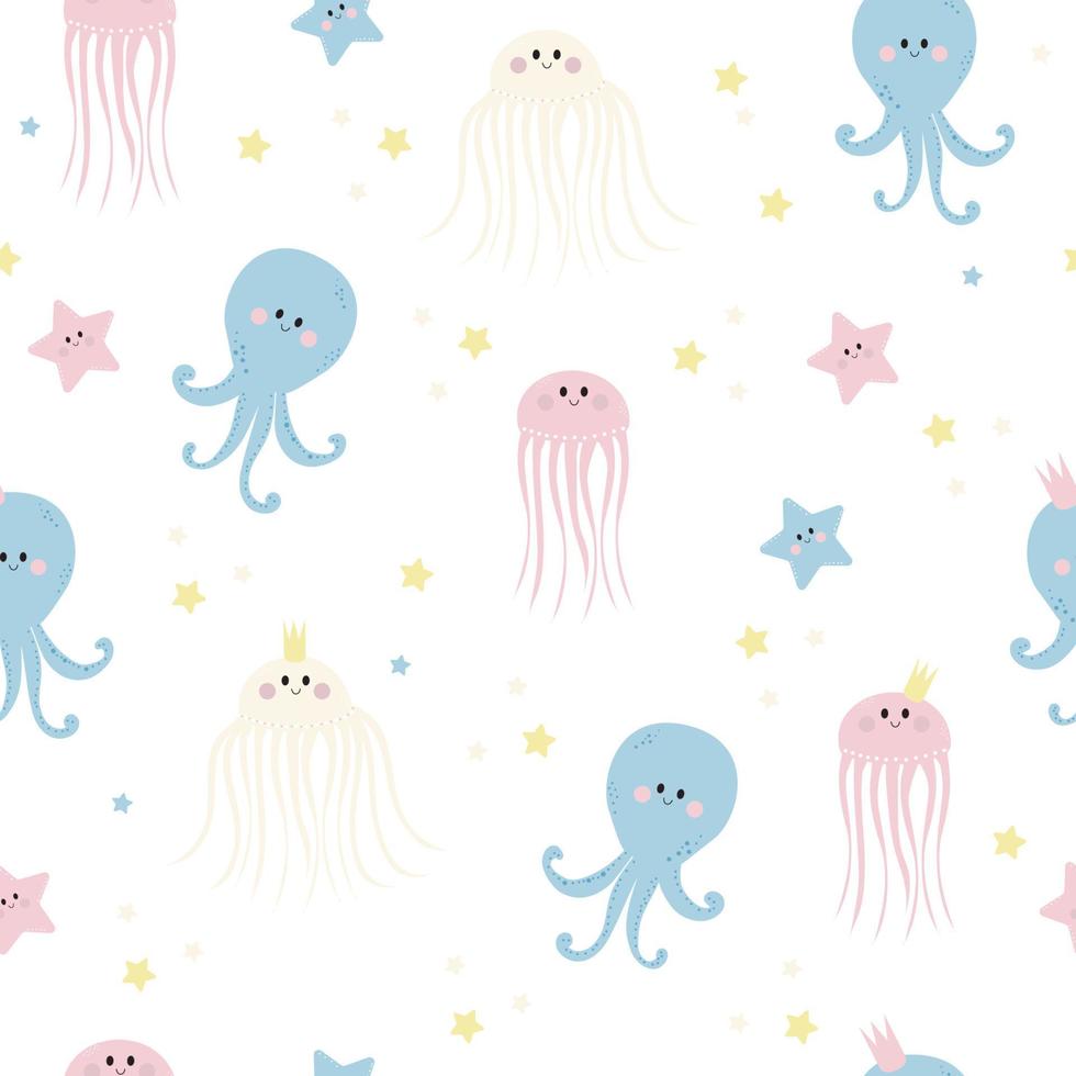 Vector Seamless patterns with sea inhabitants. Cute starfishes, jellyfish and octopus on white background. For design, decor, printing, packaging, textiles and wallpaper