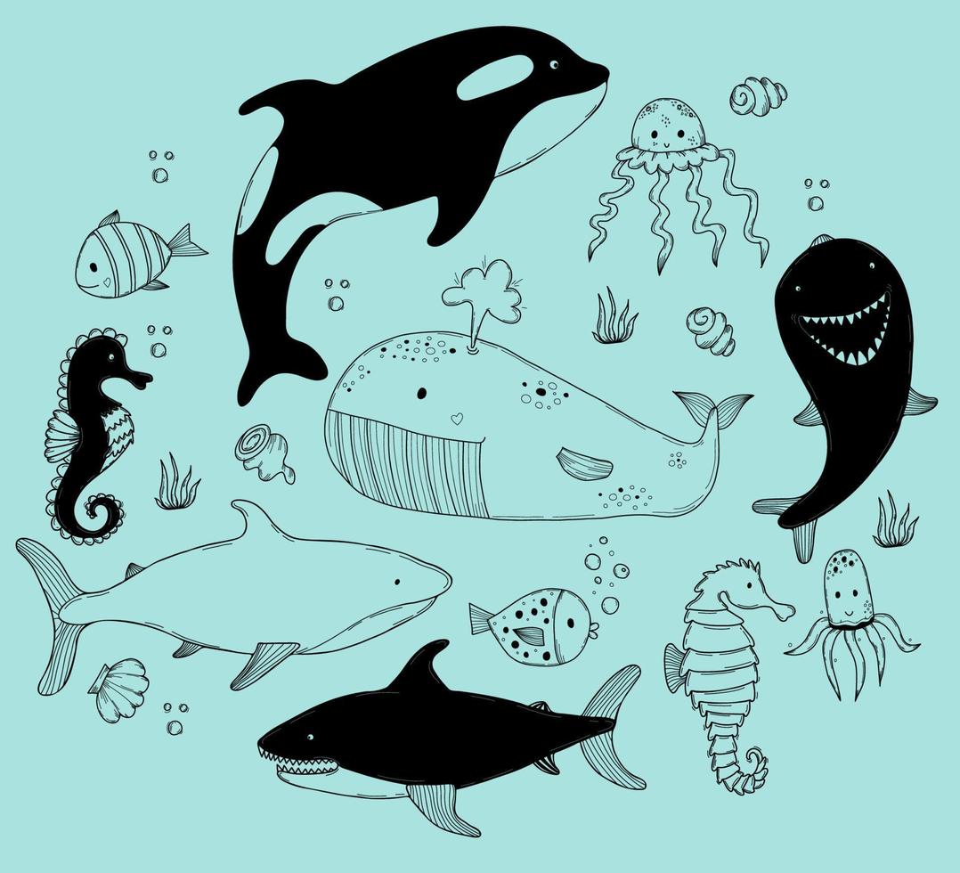Set sea animals. Cute big whale killer whale and shark, seahorse and dolphin, jellyfish and squid, fish and shells. Vector illustrations in hand-drawing linear doodles for design and decor.