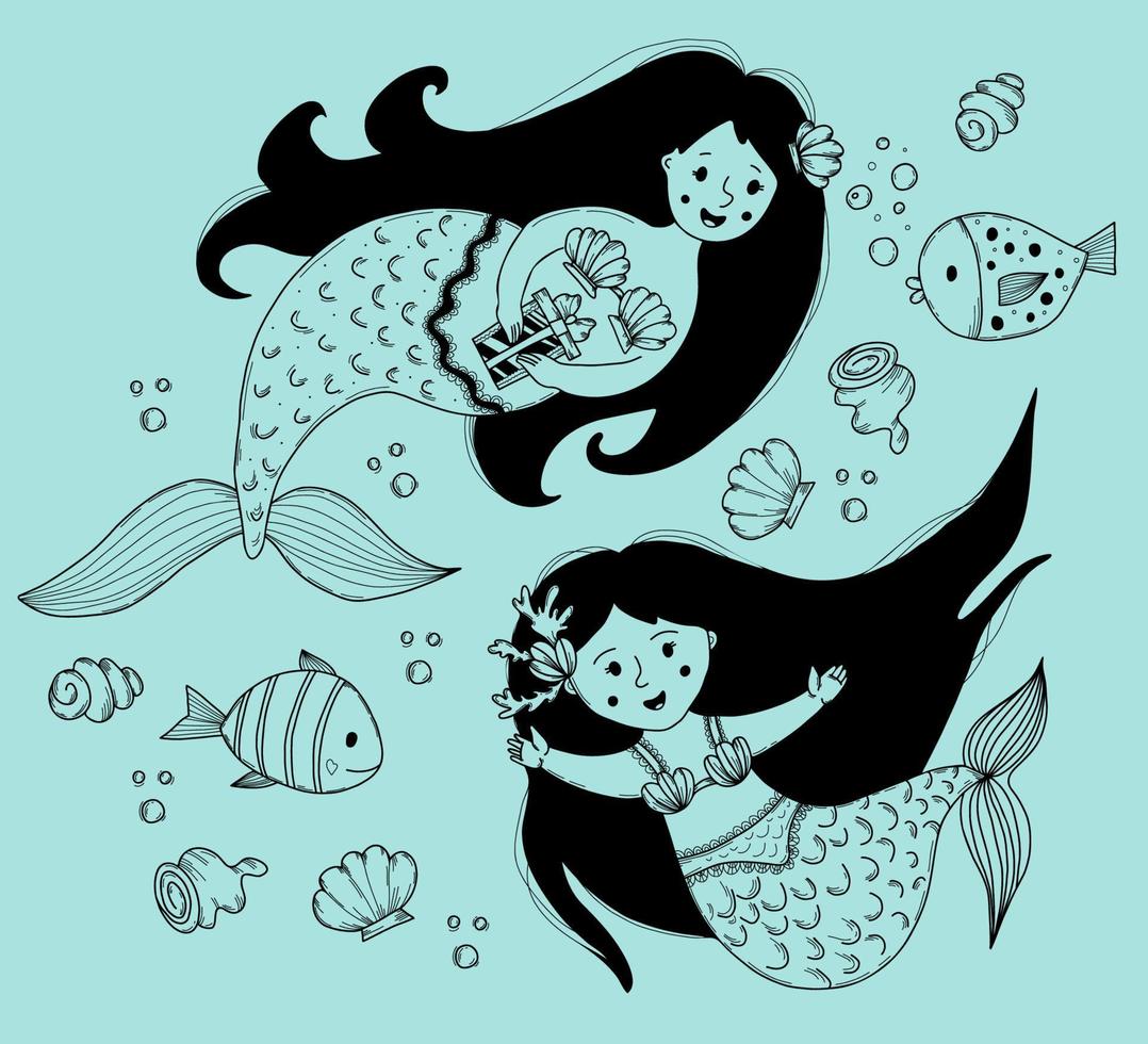 Cute Mermaid. vector outline illustration. Collection naiad seashells, fish in linear doodle style for thematic design and decor.