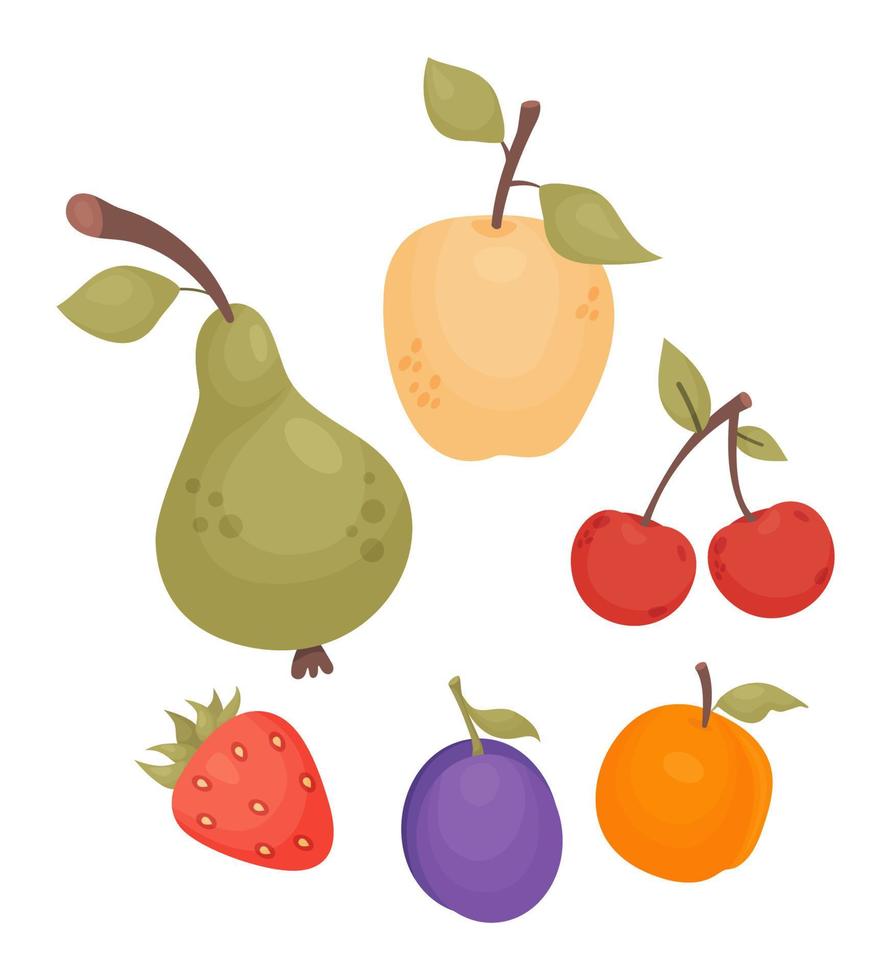 Collection fruits and berries. Apple, pear, strawberry, plum, apricot and cherry. Vector illustration. Isolated natural fruits in cartoon flat style.