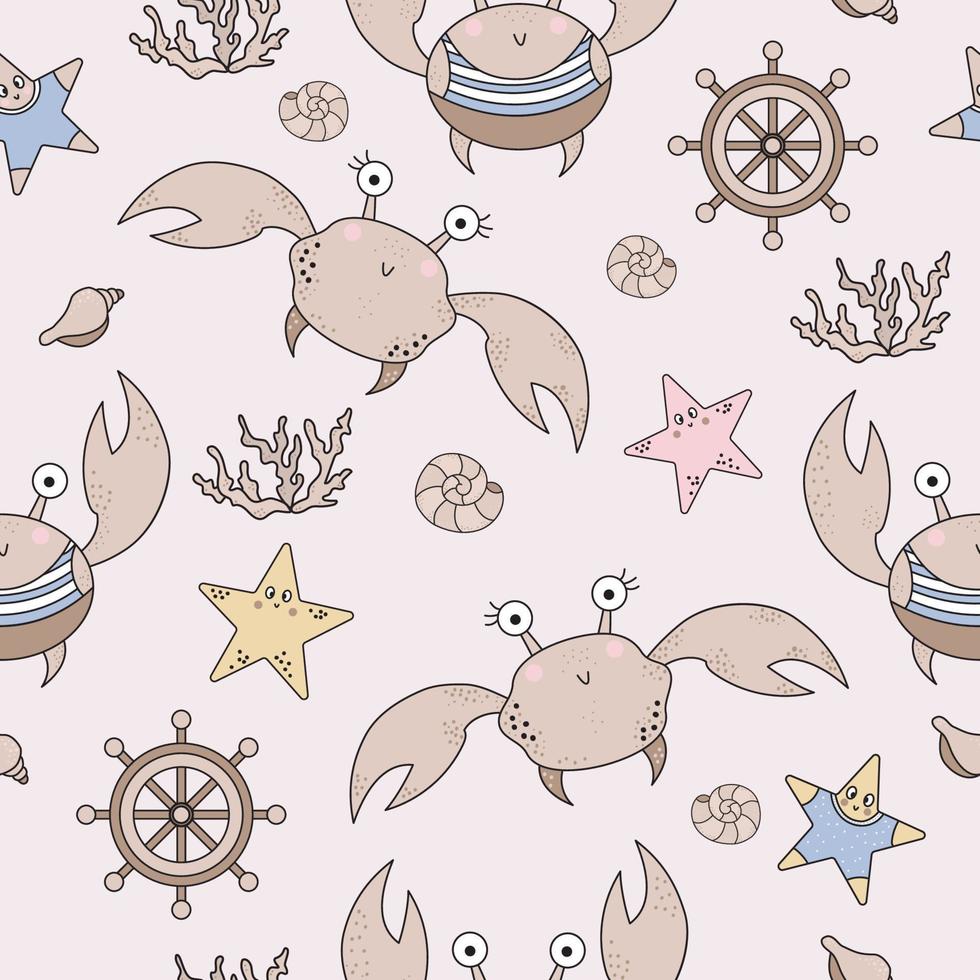 Marine Seamless Pattern. Cute funny crabs and corals, starfishes and seashells on light background. Vector. For design, decor, printing, packaging, textiles and wallpaper and decoration vector