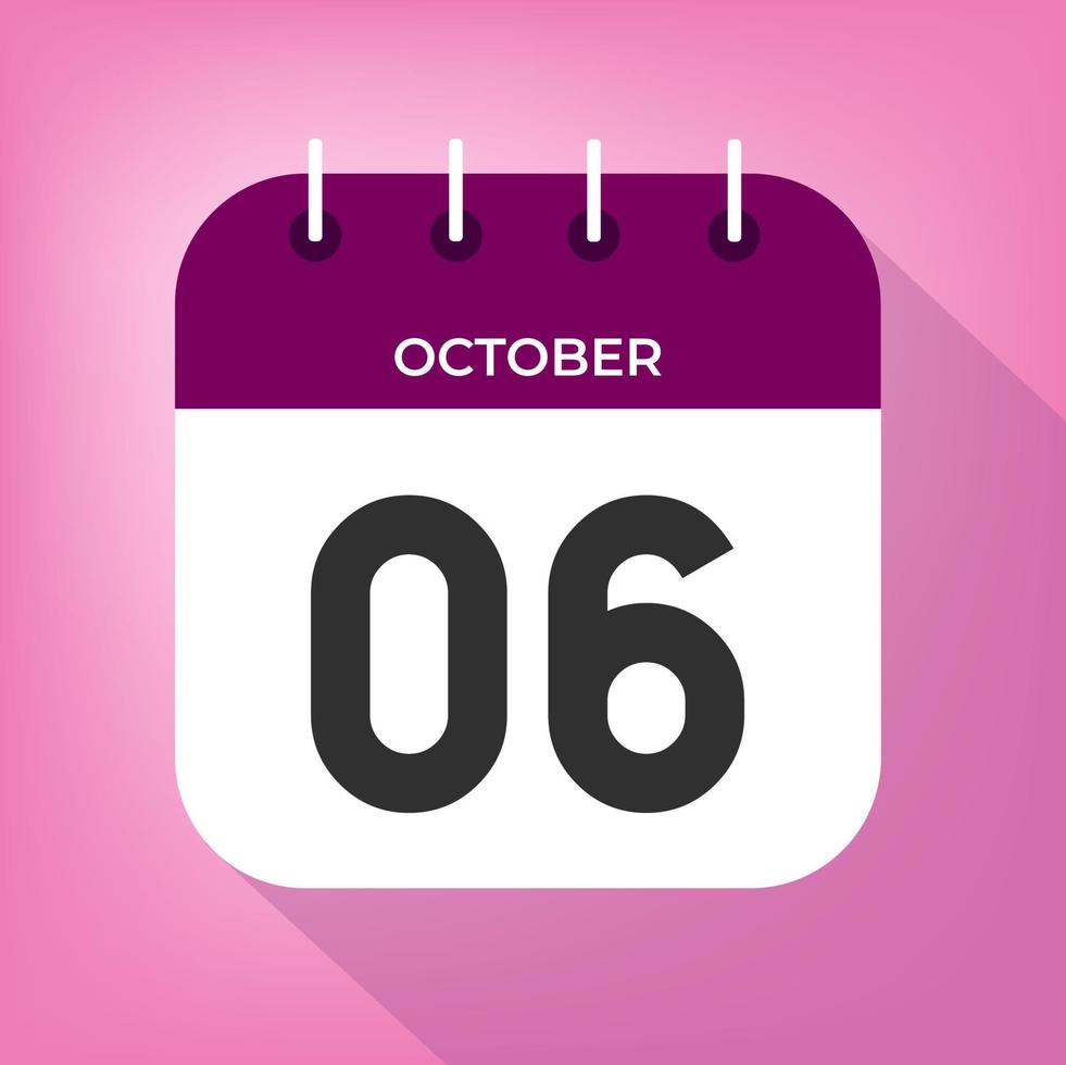 October day 6. Number six on a white paper with purple color border on a pink background vector. vector