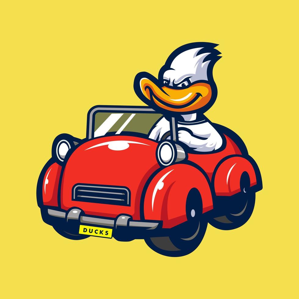 Pato conducción un coche mascota dibujos animados diseño vector