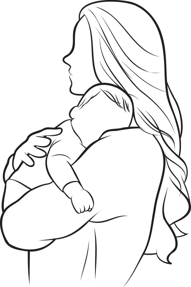 Mother and Kid Line Drawing. vector