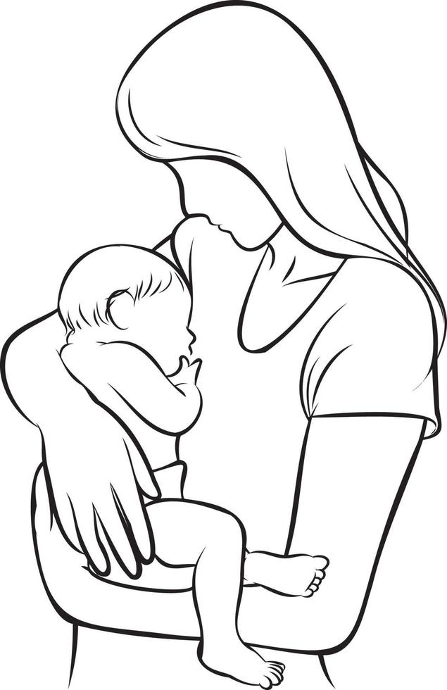 Mother and Kid Line Drawing. vector