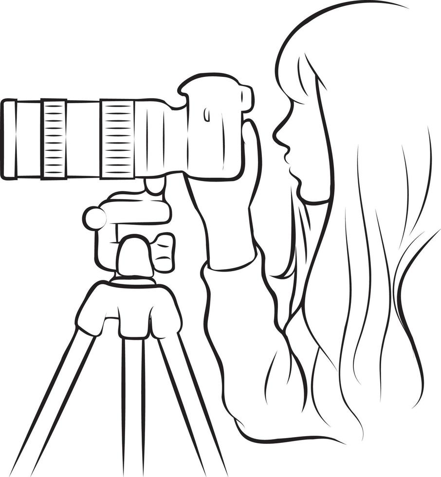 Woman Holding Camera Line Drawing. vector