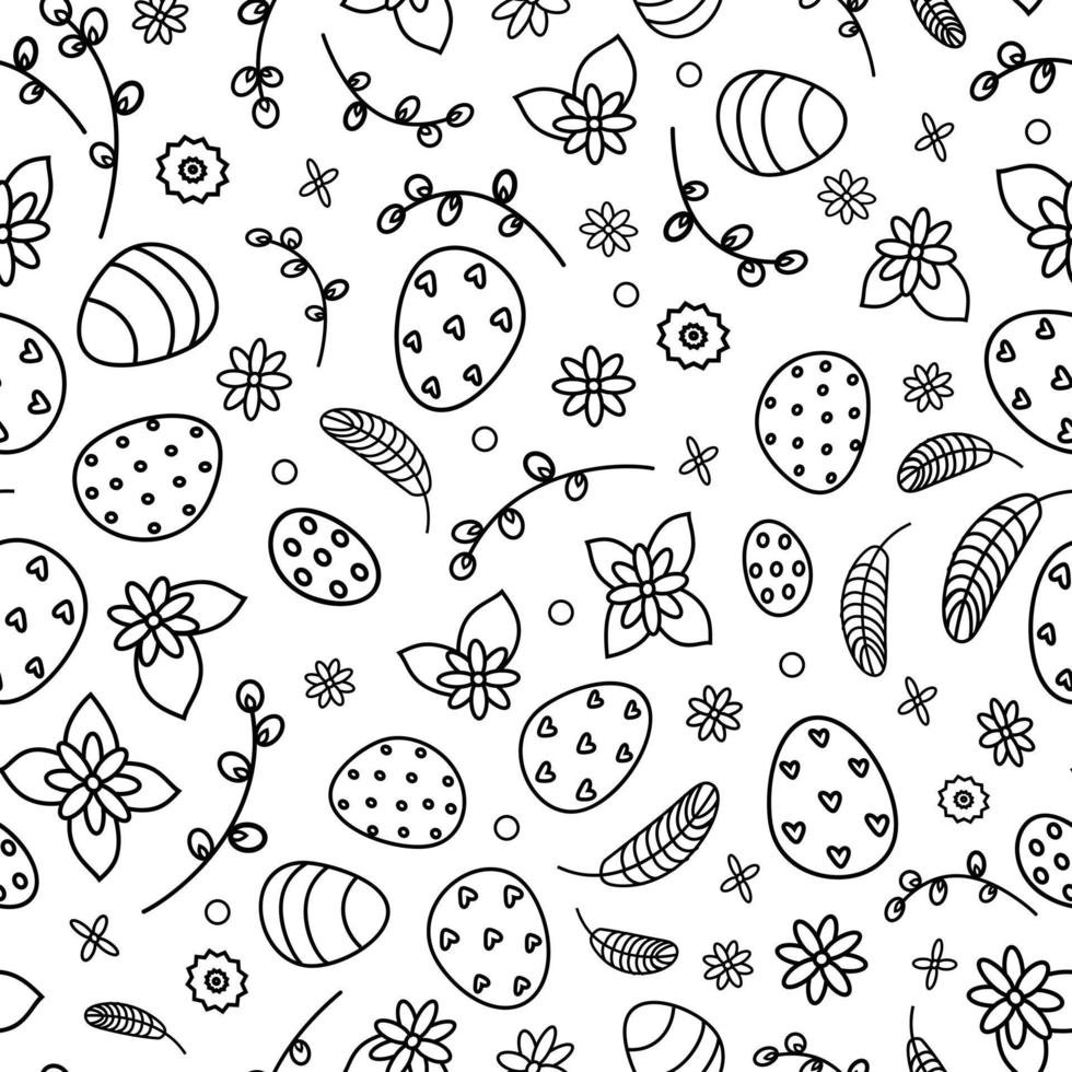 Linear pattern of Easter eggs and flowers and pussy willow vector