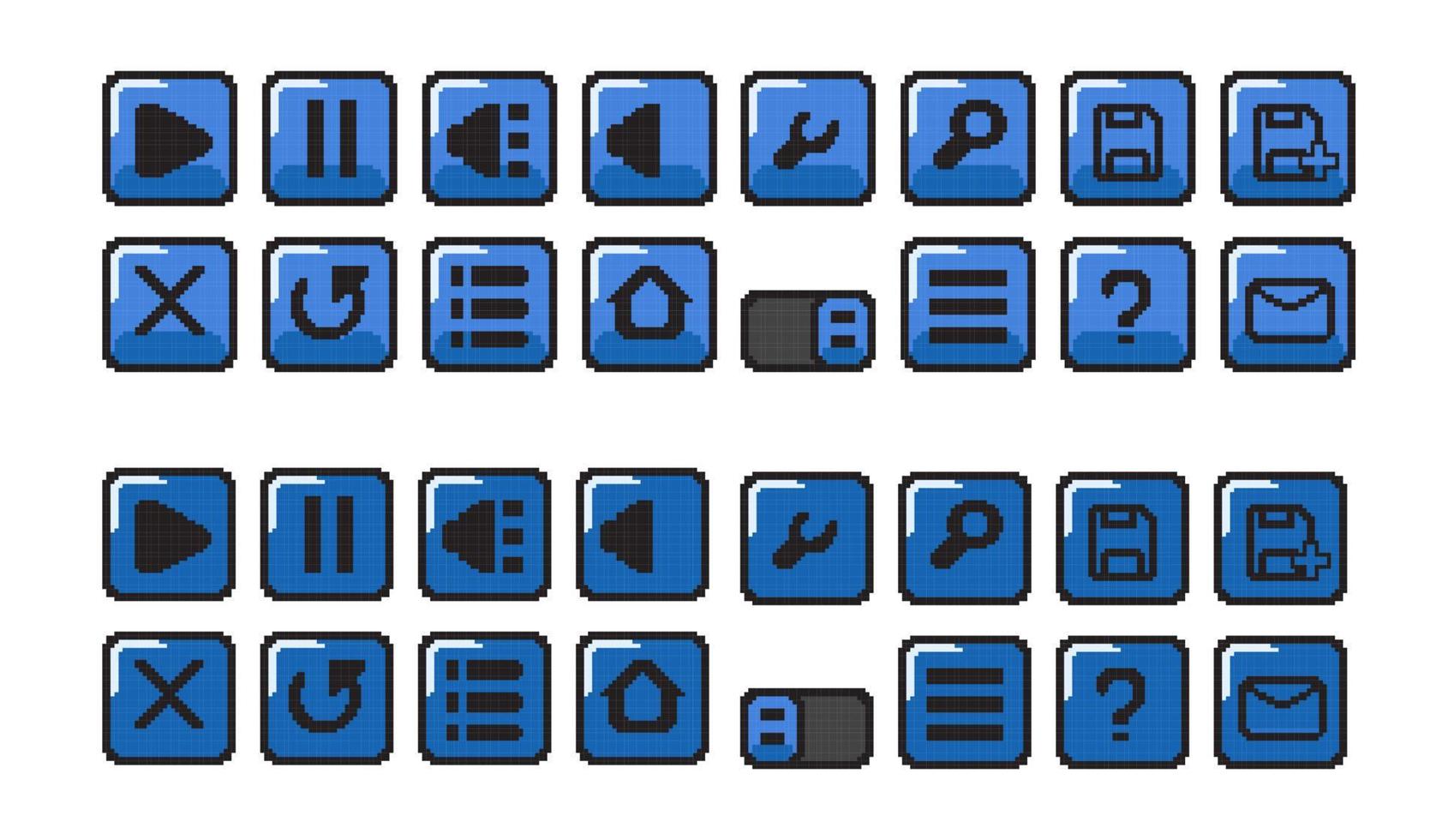 azul botón conjunto en píxel Arte estilo vector