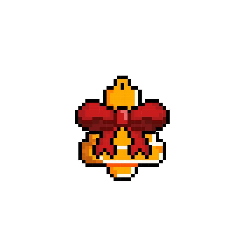 golden bell with red ribbon in pixel art style vector