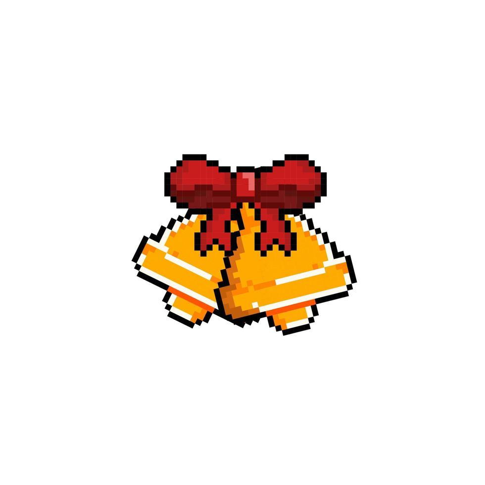golden bell with red ribbon in pixel art style vector