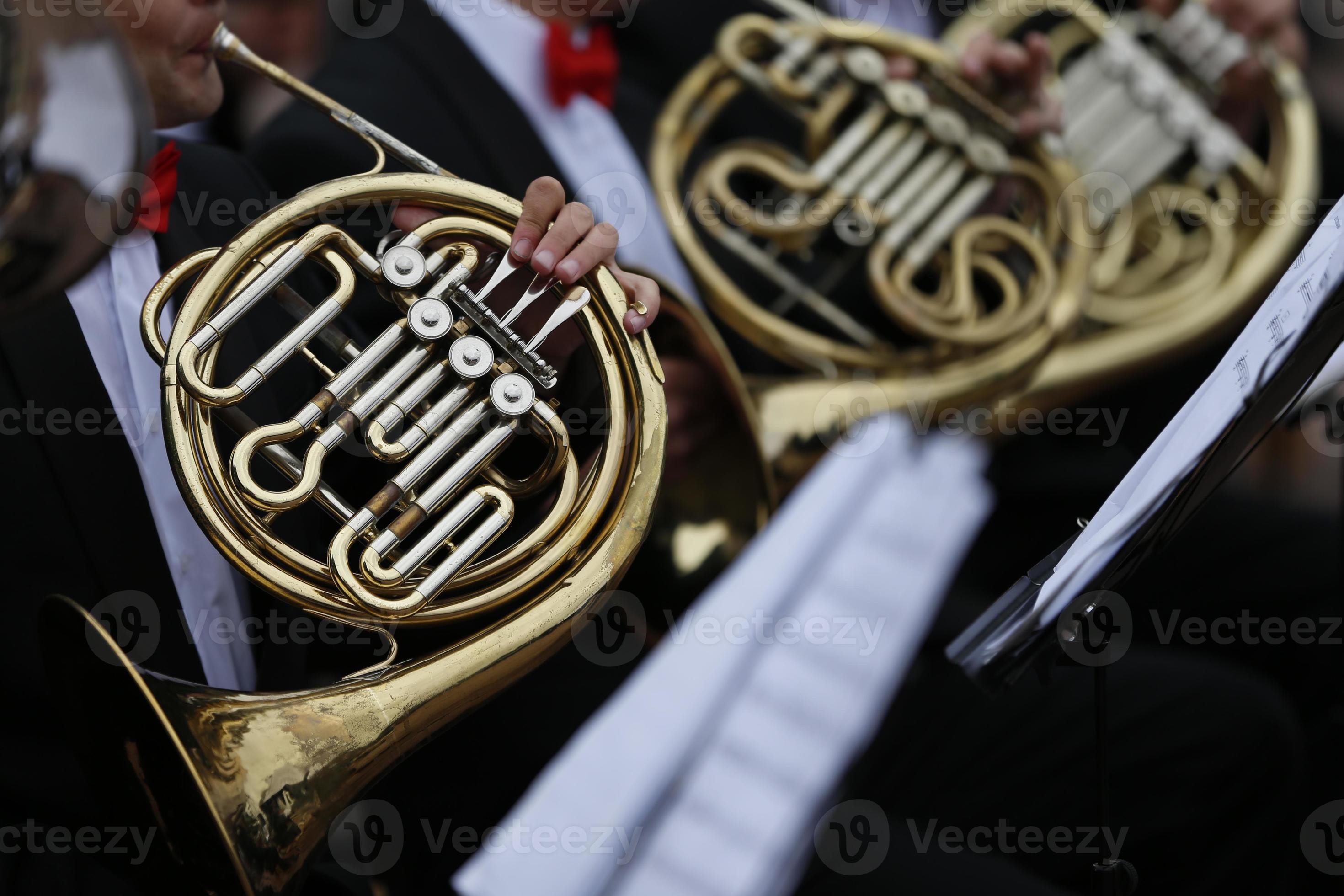 Musicians play the horn wind instrument.French horn instrument, hands