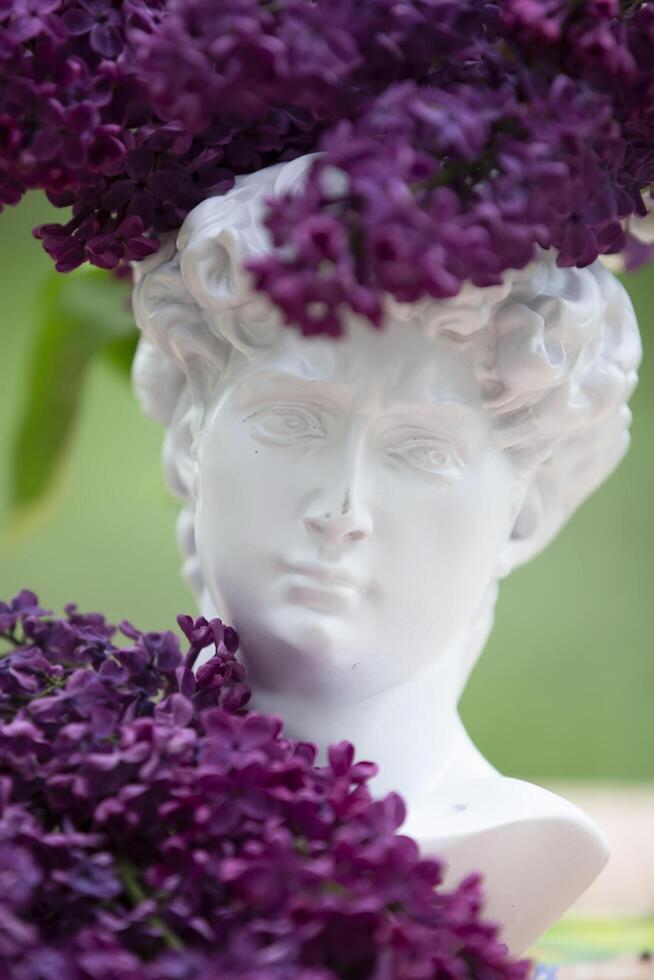 May 27, 2021 Belarus, city of Gomel, photo studio.Lilac branches lie with the head of Michelangelo. The concept of creativity and art.