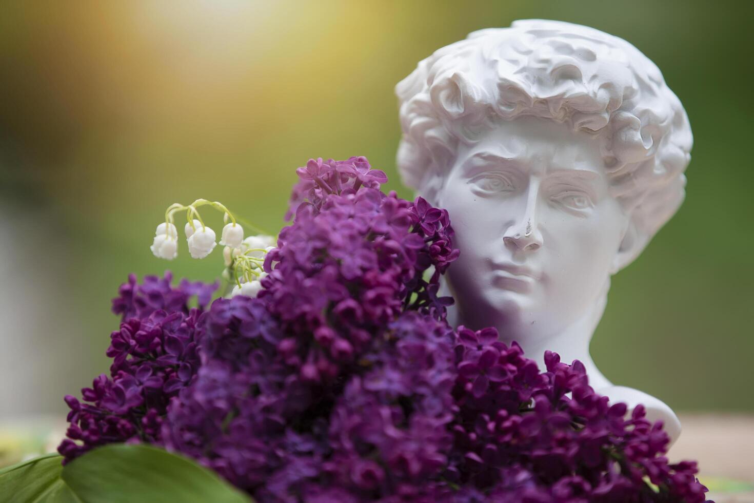 May 27, 2021 Belarus, city of Gomel, photo studio.Lilac branches lie with the head of Michelangelo. The concept of creativity and art.