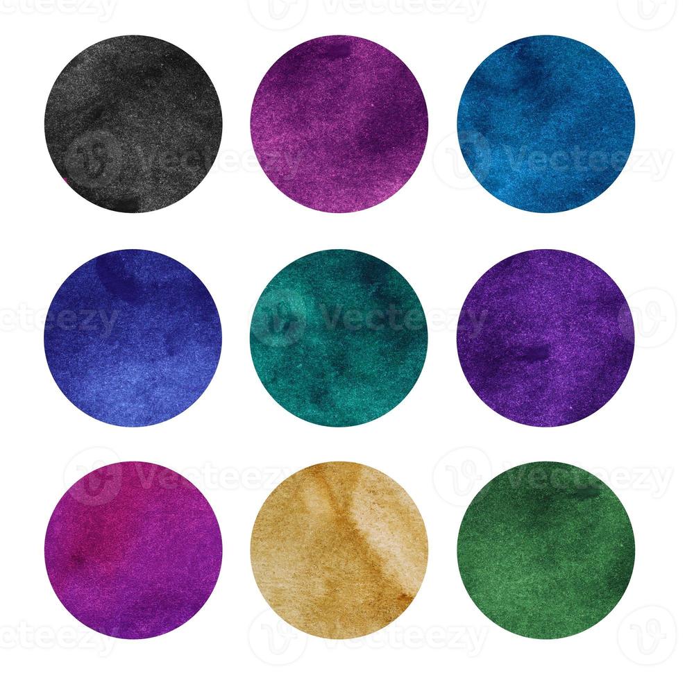 Colorful watercolor circles set. Blue, purple, green, pink, violet, orange, black watercolour circles on white background. Multicolored aquarelle backdrop. Abstract art. Template for your design. photo